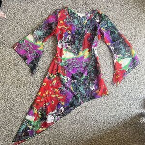 VTG Japanese Inspo Y2K Tunic Top 90s Mesh Geisha Girl Hanky Asymmetrical Hem S